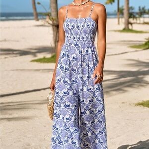 Cupshe Blue and White Floral Maxi Jumpsuit with Spaghetti Straps
